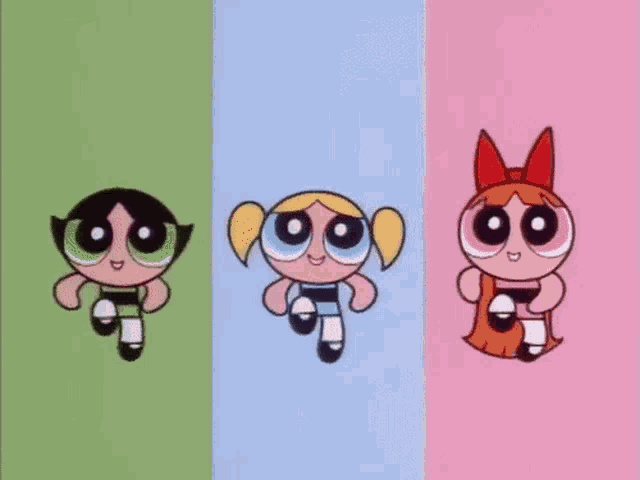 buttercup bubbles and blossom from the powerpuff girls are standing next to each other
