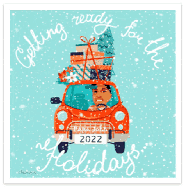 a man is driving a red car with a christmas tree on top of it and says getting ready for the holidays