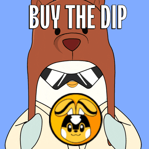 a cartoon bear holding a penguin with the words buy the dip written on it
