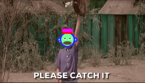 a man with a monkey on his face holds up a glove with the words please catch it written below him