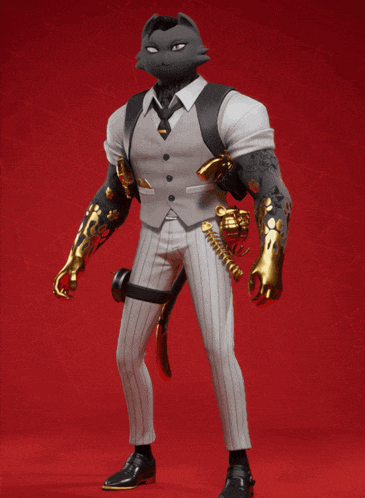 a man in a suit and tie with a cat head on his head