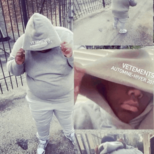 a person wearing a hoodie that says vetements automne-hiver 2013