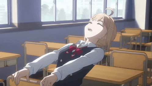 a girl in a school uniform is standing in a classroom with her arms outstretched