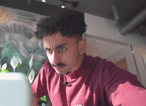 a man wearing a maroon t-shirt with the letter t on it is looking at a laptop