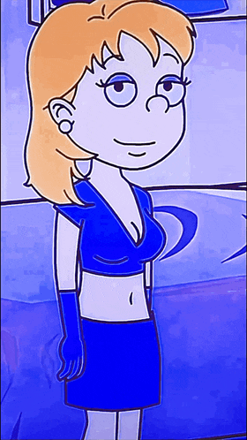 a cartoon of a woman in a blue top and skirt