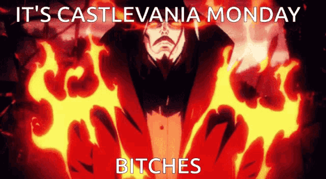 a poster with a vampire and the words it 's castlevania monday bitches on it