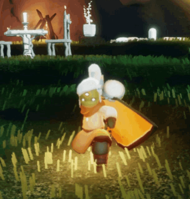 a cartoon character is standing in a field with a candle in the background