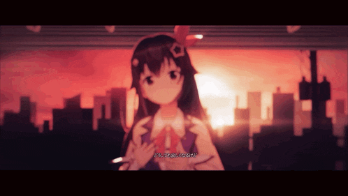 a cartoon girl with chinese writing on her face stands in front of a city