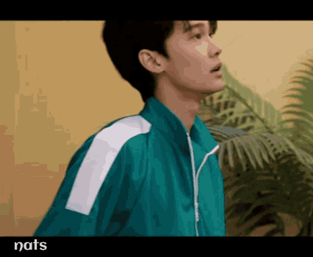 a man in a green jacket with white stripes is standing in front of a plant .