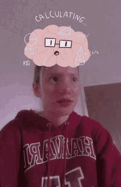 a girl wearing a hawaiian hoodie has a cartoon brain on her head