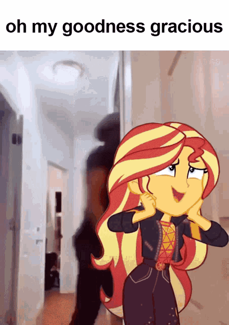 a picture of sunset shimmer with the words oh my goodness gracious
