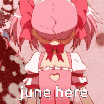 a girl in a pink dress with the words june here on it