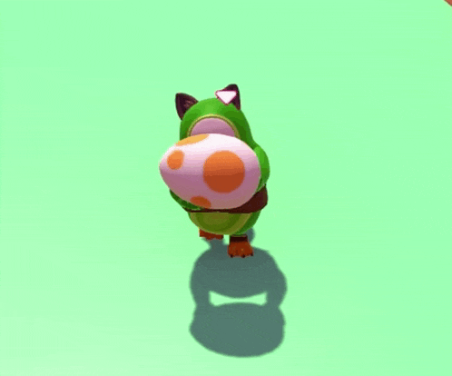 a cartoon character with a pink and orange egg on its head