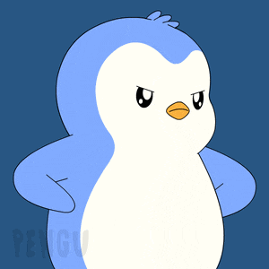 a blue and white penguin is standing with its arms crossed and the word penguin is on the bottom