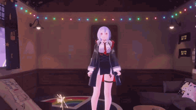 a girl in a video game is dancing in a room with a sign on the wall that says " now "