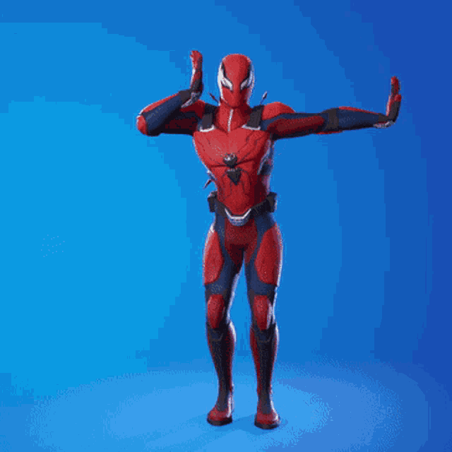 a man in a red superhero costume is standing with his arms outstretched on a blue background