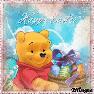 winnie the pooh is holding a basket of easter eggs and wishing everyone a happy easter