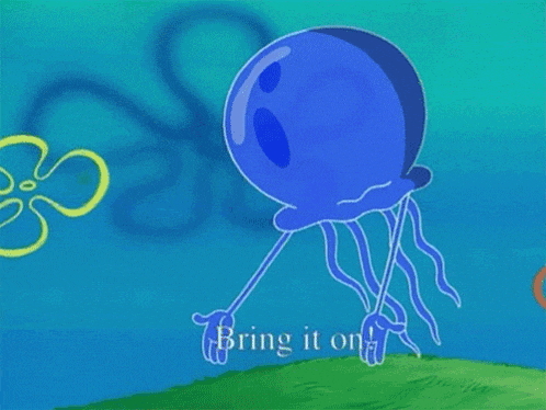 a blue jellyfish from spongebob squarepants is standing on a grassy hill