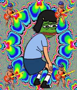 a cartoon of a girl with a frog face surrounded by angels playing guitars