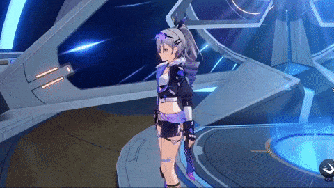 a girl in a futuristic outfit is standing in a room with a blue light behind her