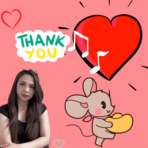 a woman stands in front of a cartoon mouse and a heart that says thank you