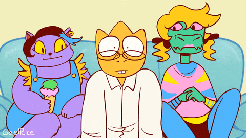 three cartoon characters are sitting on a couch with one holding an ice cream cone and the name gael rice on the bottom