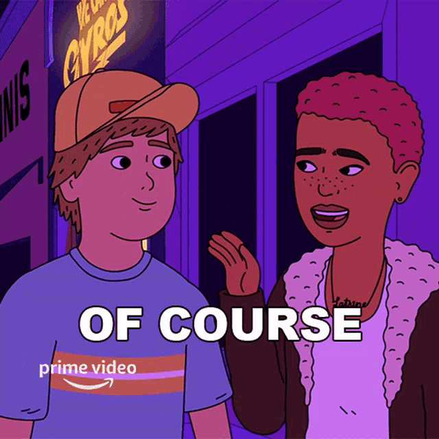 a cartoon of a boy and a girl standing next to each other with the words of course above them