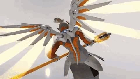 a video game character with wings and a sword is standing on a white background .