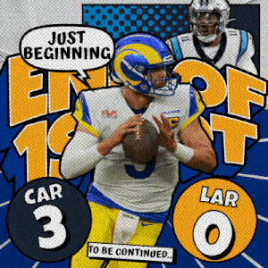 a rams football player is holding a football in front of a sign that says just beginning
