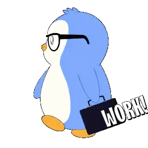 a penguin wearing glasses is holding a briefcase and says work ! work !