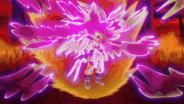 a cartoon character is surrounded by purple and orange glowing lines .