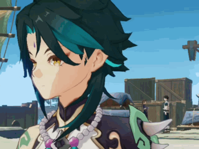 a cartoon character with green and blue hair and a necklace with beads