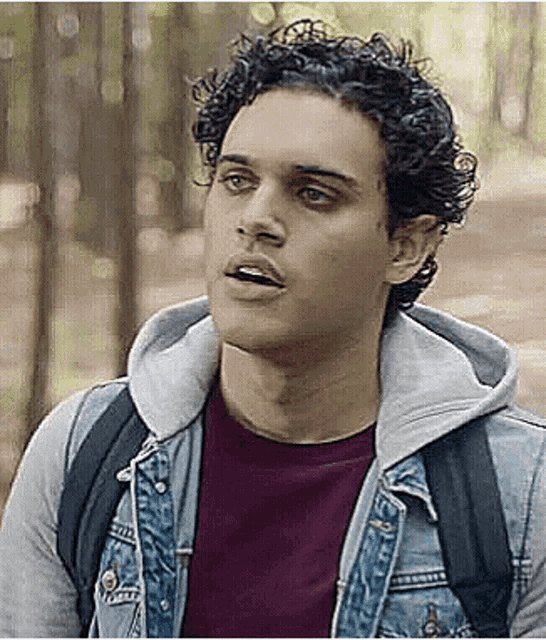a man with curly hair is wearing a denim jacket and a hoodie .