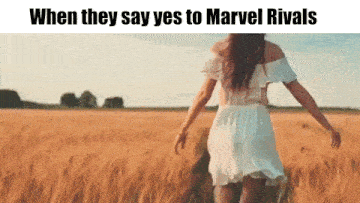 a woman in a white dress is walking through a field of wheat with the caption when they say yes to marvel rivals .