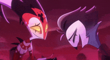a couple of cartoon characters looking at each other with red eyes