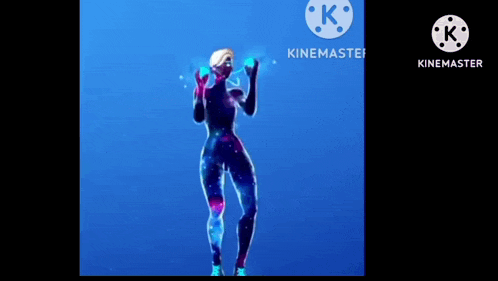 a woman in a galaxy costume is dancing in front of a blue background