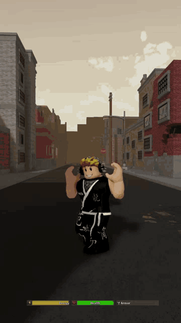 a cartoon character with a crown on his head is walking down a street with buildings in the background