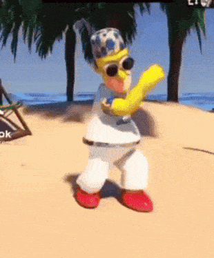 a cartoon character wearing sunglasses and a hat is dancing on a beach