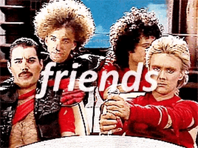 a group of men are standing next to each other with the word friends written on the bottom .