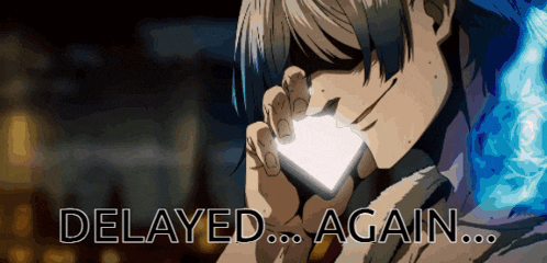 a man is talking on a cell phone with the words " delayed again " written below him