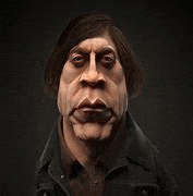 a close up of a man 's face with a cartoon face on a black background .