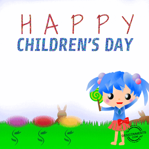 a happy children 's day card with a girl holding a lollipop in the grass