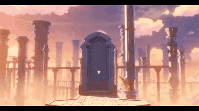 a throne in the middle of a castle with a purple sky in the background