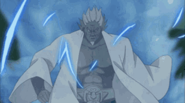 a man in a white robe is surrounded by lightning bolts