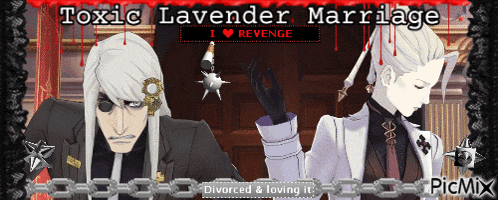 a couple of men standing next to each other with a sign that says toxic lavender marriage