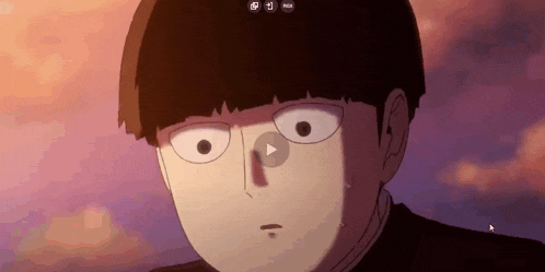 a close up of a cartoon character 's face with a play button on the bottom .
