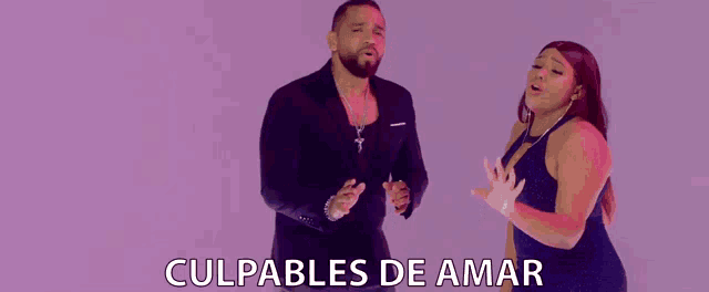 a man and a woman are standing next to each other with the words culpables de amar written on the bottom