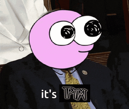 a pink cartoon character in a suit and tie says it 's pim