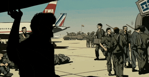 a cartoon of soldiers getting off a twa airplane
