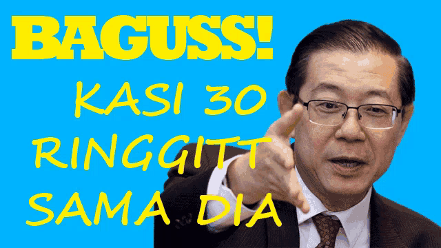 a man in a suit and tie is pointing at the camera with the words baguss kasi 30 ringgitt sama dia written on a blue background